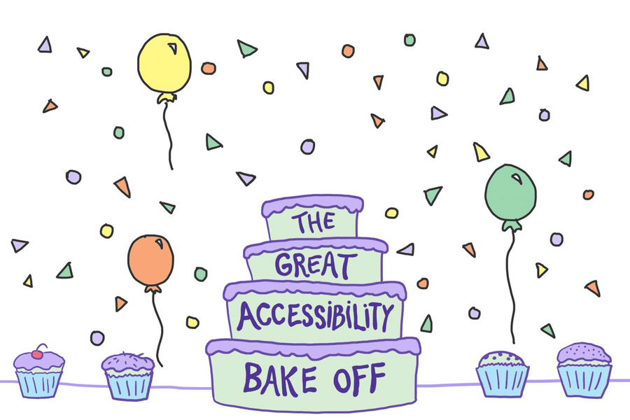 Digital illustration of 'The Great Accessibility Bake Off' written across multiple tiers of a cake, surrounded by cupcakes, balloons, and confetti