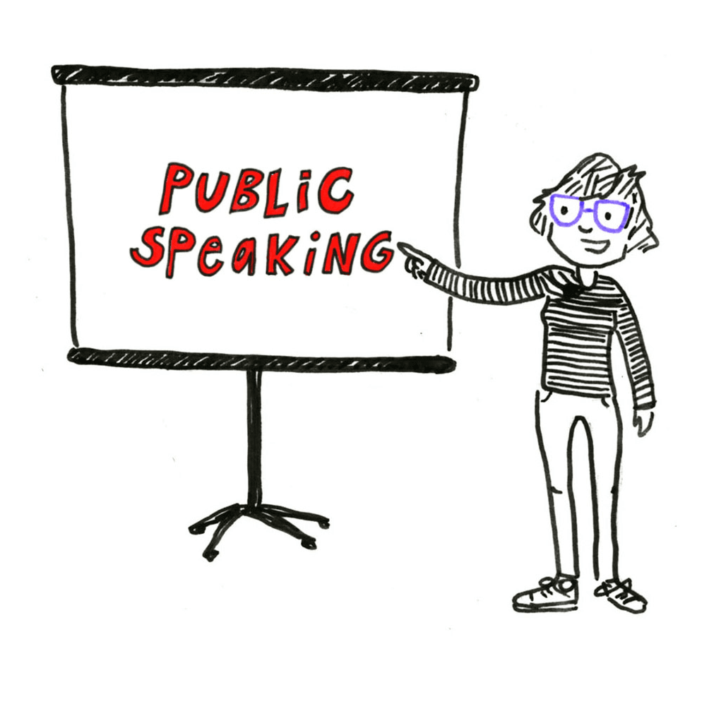 Illustrated Cordelia pointing enthusiastically at the words 'Public Speaking' on a stand-up projector screen