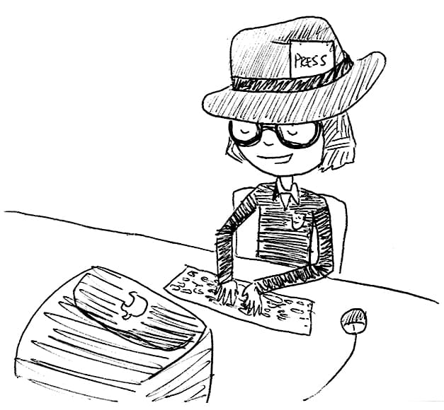 Illustrated Cordelia typing away in a 'Press' hat
