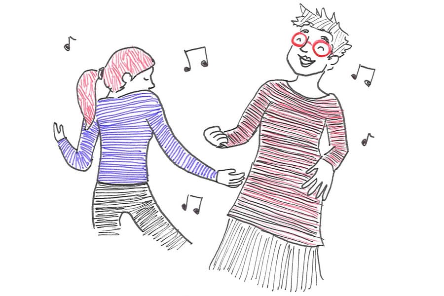 Illustration of people dancing amidst music notes