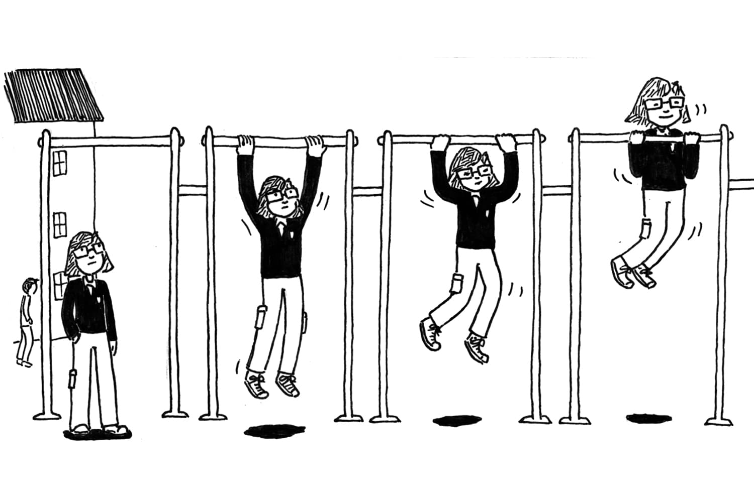 Comic panel of young Cordelia doing a pull-up