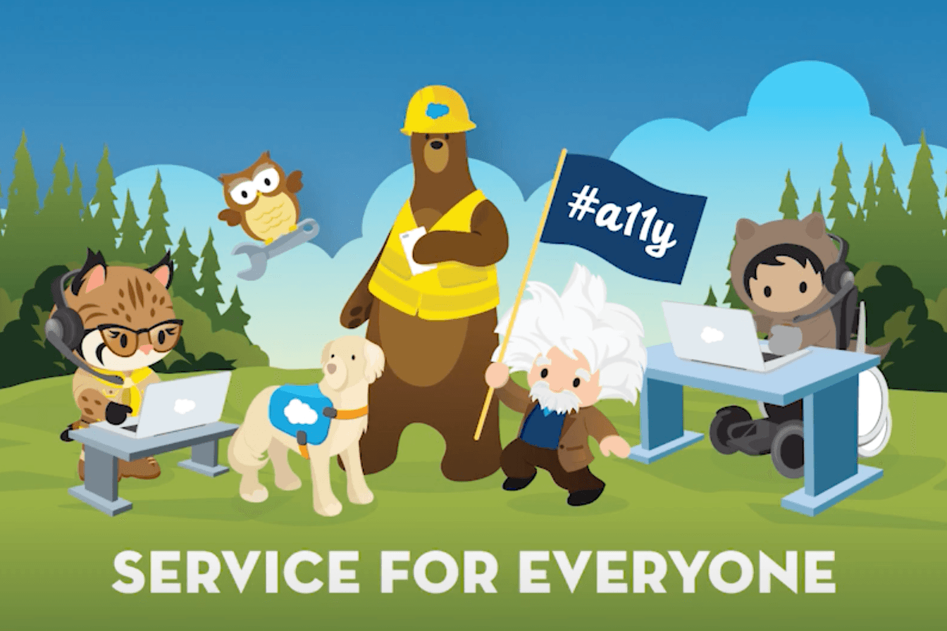 Salesforce mascots gathered above the words 'Service for everyone'