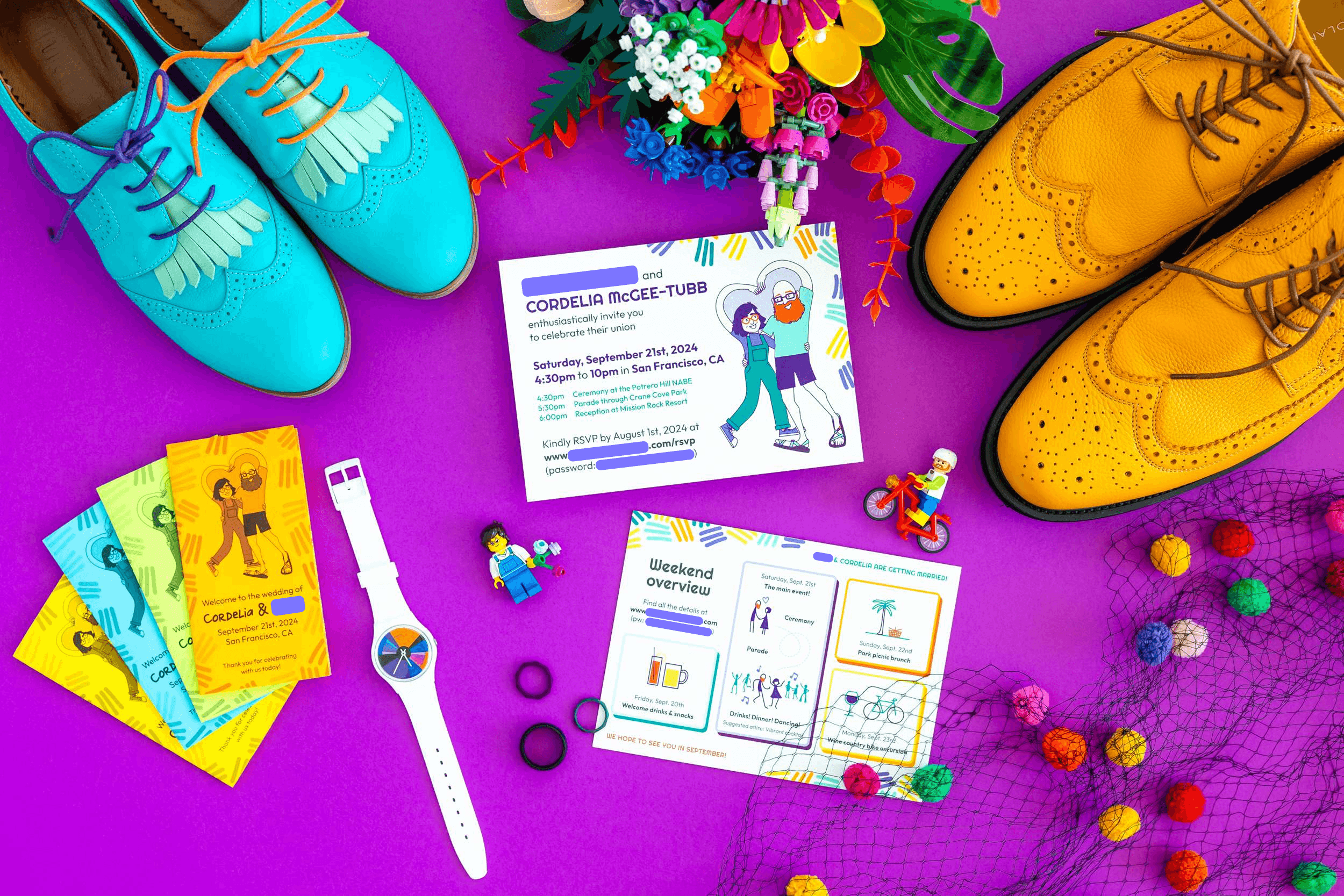 Colorful assortment of wedding accessories, invitations, and programs