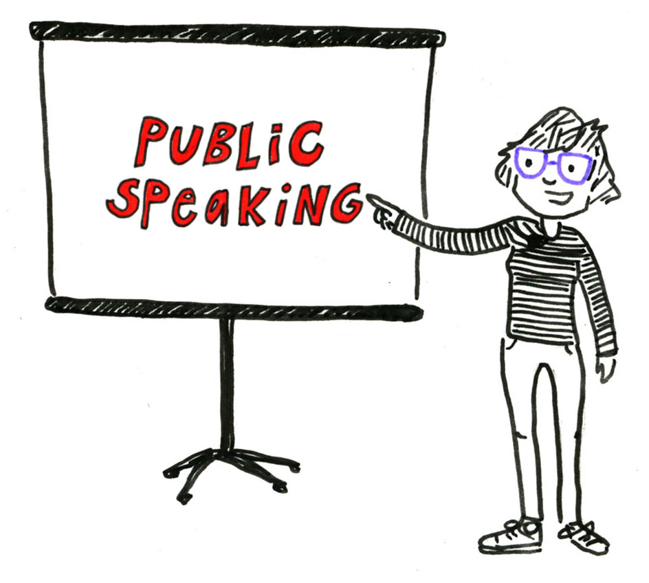 Illustrated Cordelia pointing enthusiastically 
              at the words 'Public Speaking' on a stand-up 
              projector screen