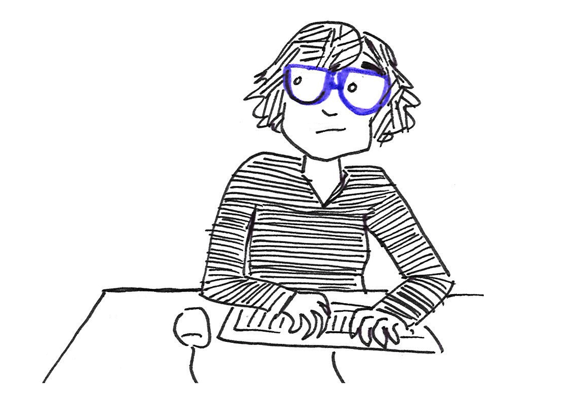 Illustration: Cordelia with hands draped across computer keyboard